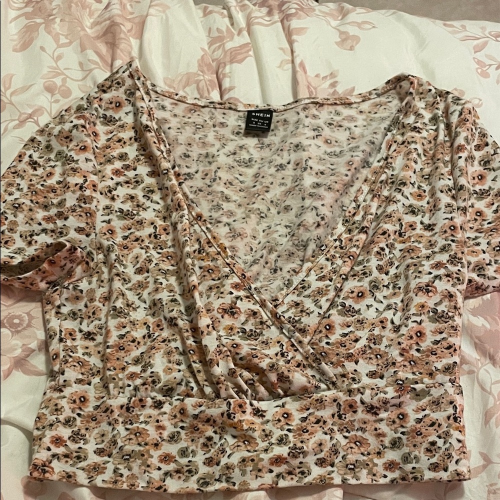 SHEIN Floral Wrap Blouse - Pink and Cream